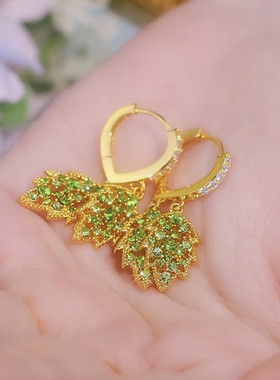 清新满钻绿色树叶耳环女2024新款小众设计感百搭耳扣气质显瘦耳饰