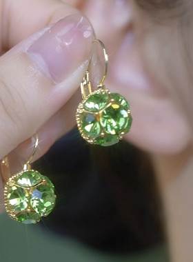 绿色水晶钻球耳环女轻奢高级感洋气百搭简约法式耳扣小众清新耳饰