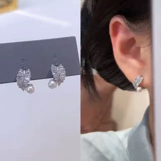 925银针精致锆石树叶珍珠耳钉