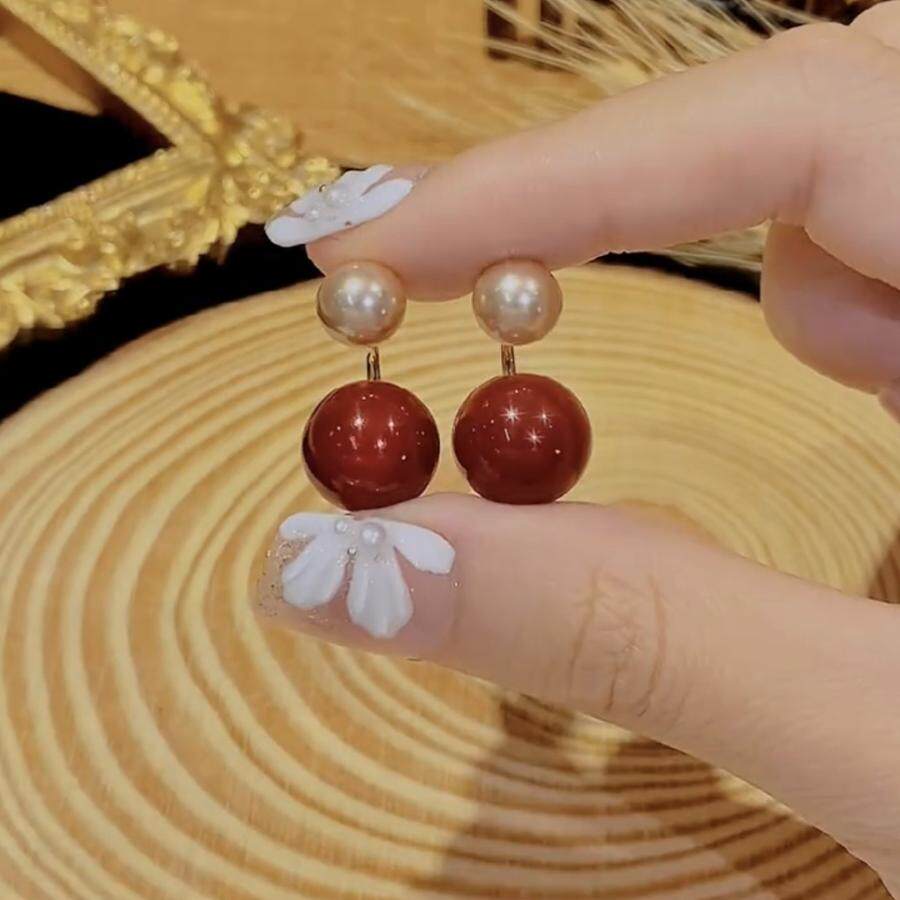 安可拉红珍珠耳环女2024新款爆款