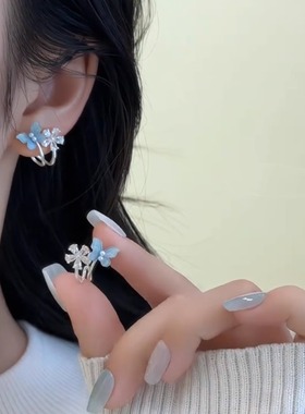 s925银针耳饰蓝色蝴蝶耳钉女ins超仙森系网红耳环百搭独特设计