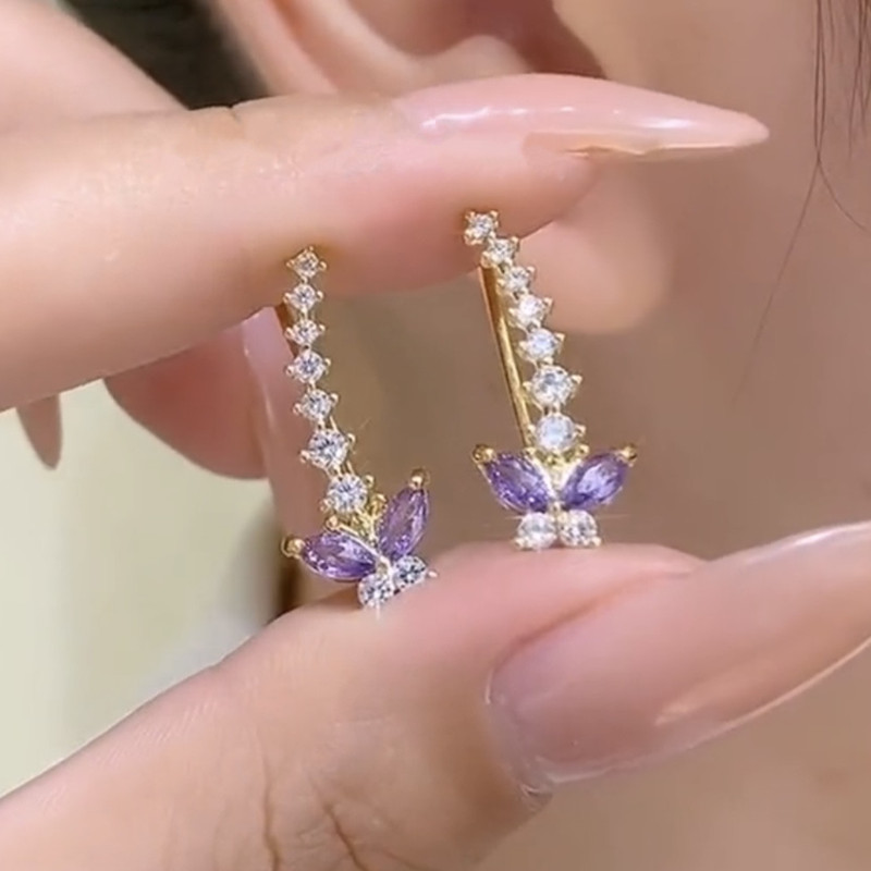 925银针紫色锆石蝴蝶耳排耳环女轻奢高级感小众精致气质百搭耳饰