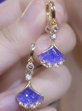 设计感紫色锆石银杏叶耳环女气质时尚轻奢百搭耳扣小众高级感耳饰