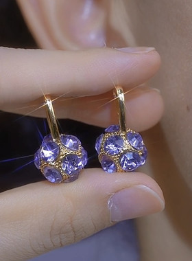 韩国气质轻奢紫色钻球耳环女2024新款法式耳扣小众设计感锆石耳饰