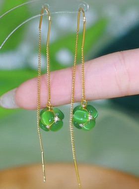 绿色猫眼石圆球耳线女925银针花朵绣球耳环新中式气质显脸瘦耳饰
