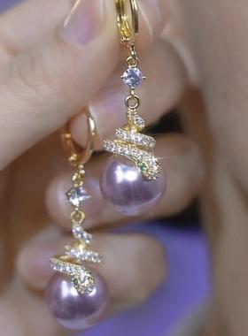 本命年蛇形紫色珍珠耳环女轻奢高级感气质耳扣小众设计感闪钻耳饰