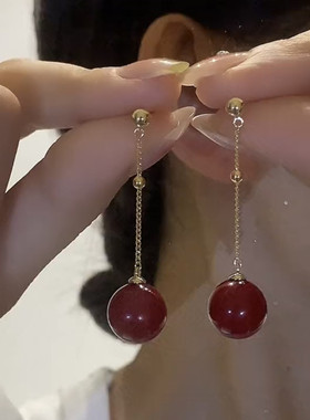 2023新款红豆流苏防丢耳线新款耳饰简约气质高级感红色本命年耳环
