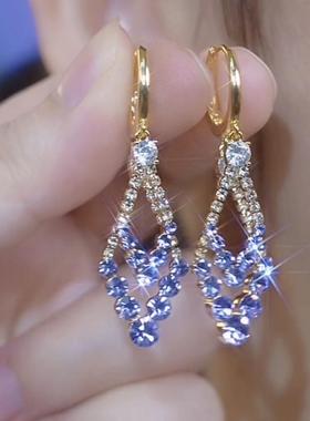 超闪紫色满钻菱形几何耳环气质圆脸显瘦耳坠小众气质百搭轻奢耳饰