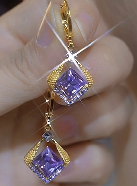 法式超仙紫色水晶菱形耳环气质简约百搭耳扣轻奢高级感显脸瘦耳饰