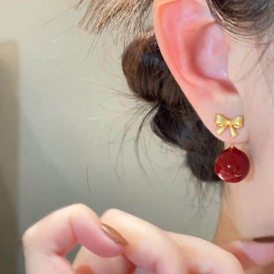 气质金色蝴蝶结红色珍珠耳环女