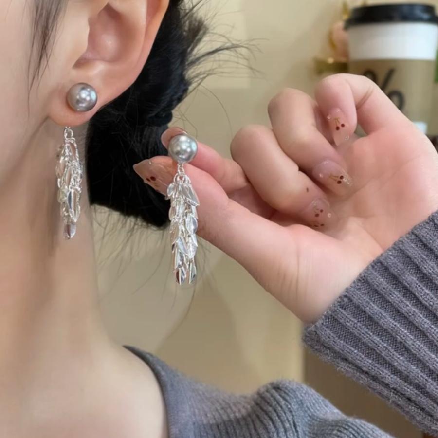 麦穗流苏灰色珍珠耳环女925银针