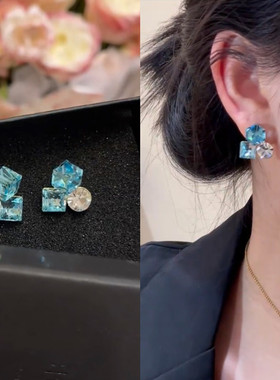 925银针气质百搭蓝色锆石水晶耳钉女2025新款高级感耳环轻奢耳饰