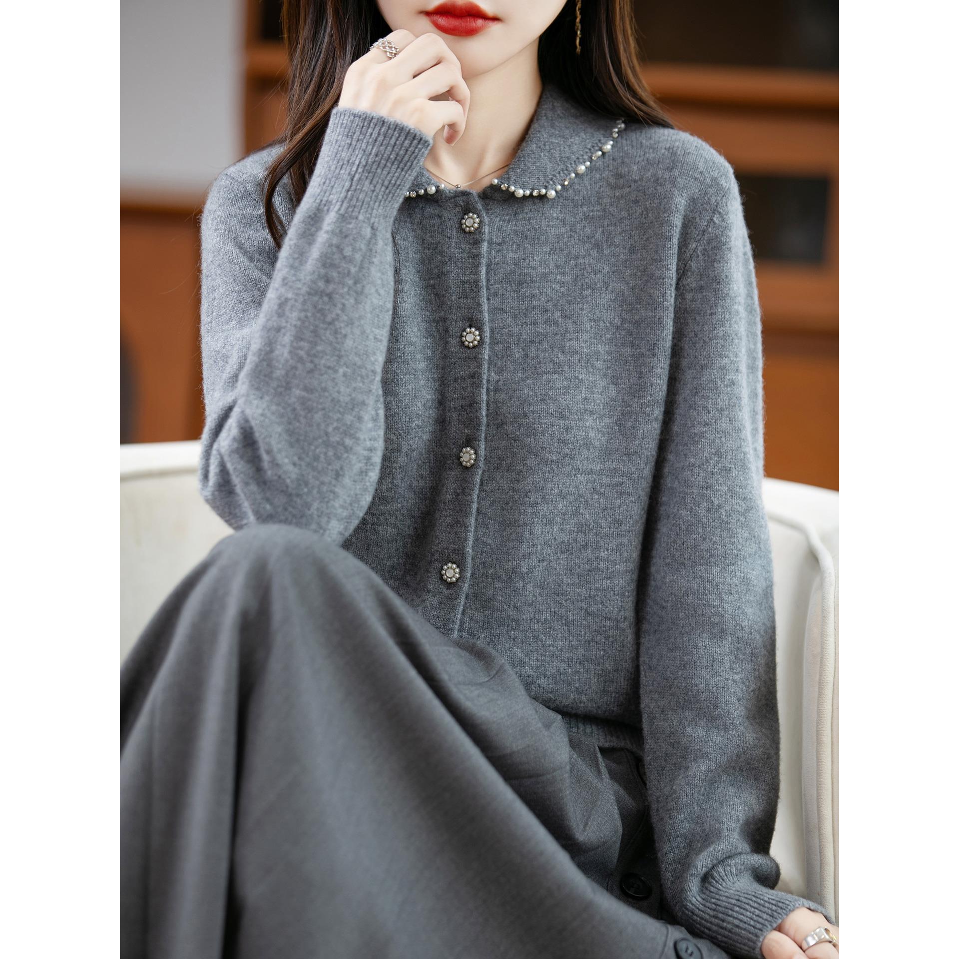 ROUMIKL2025秋冬新款纯POLO领针织开衫女小个子短外套翻领毛衣上