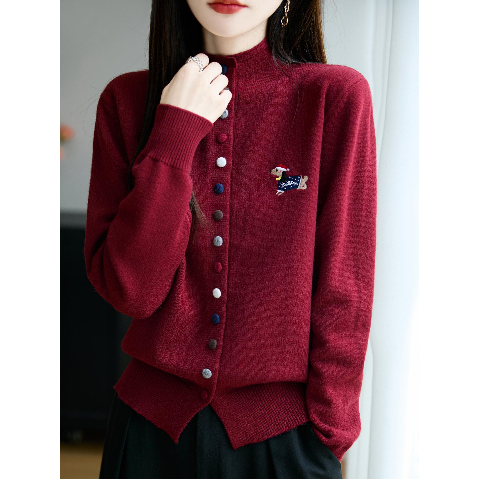 ROUMIKL法式彩扣刺绣针织开衫女短外套毛衣2025秋冬新款立领打底