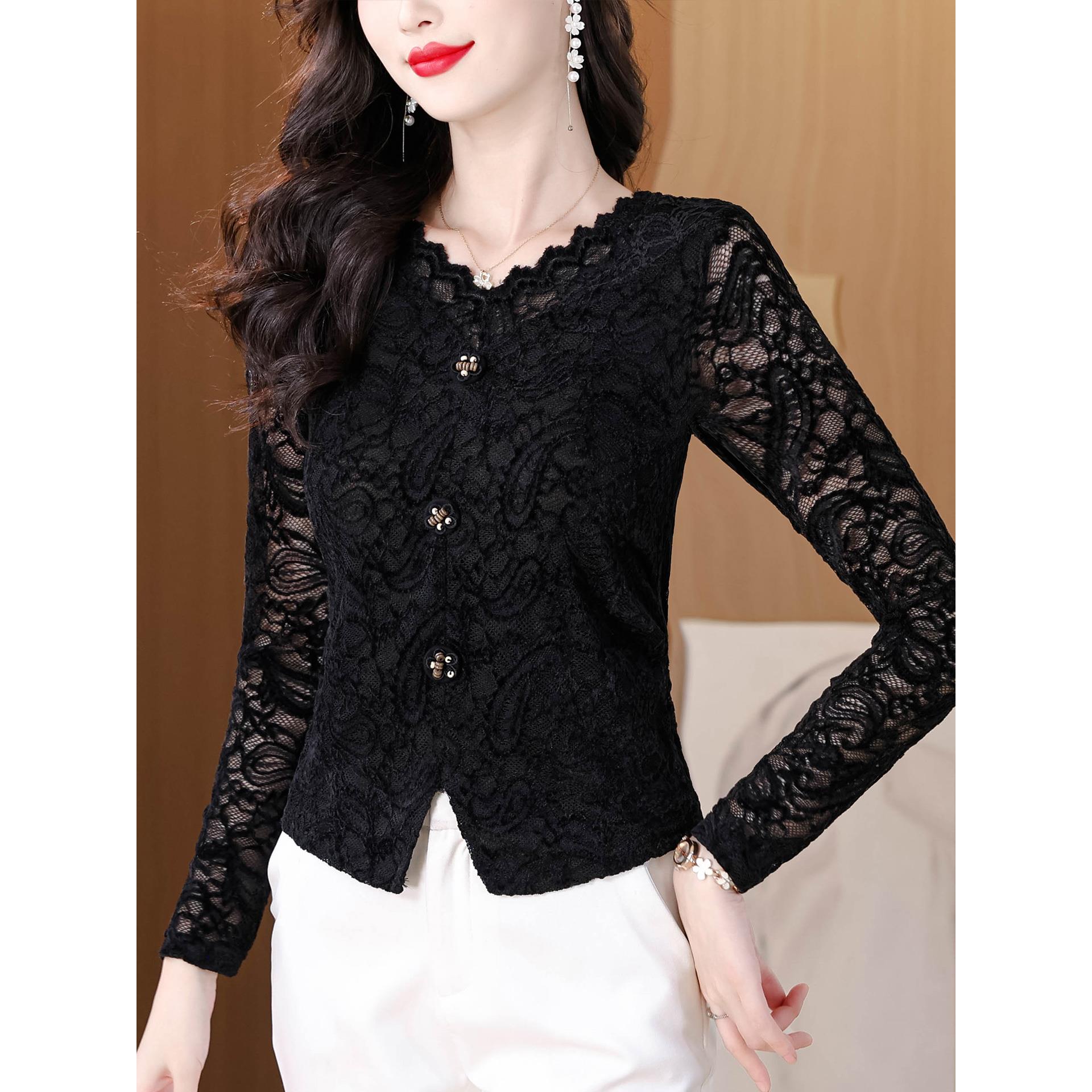 ROUMIKL黑色蕾丝V领长袖打底衫女秋冬内搭加厚植绒小衫修身显瘦洋