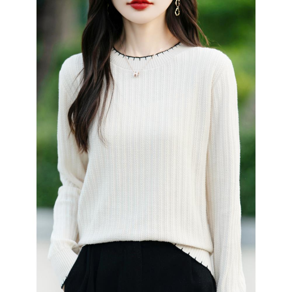 ROUMIKL纯线花边圆领针织衫毛衣女软糯肌理感打底衫别致百搭上衣