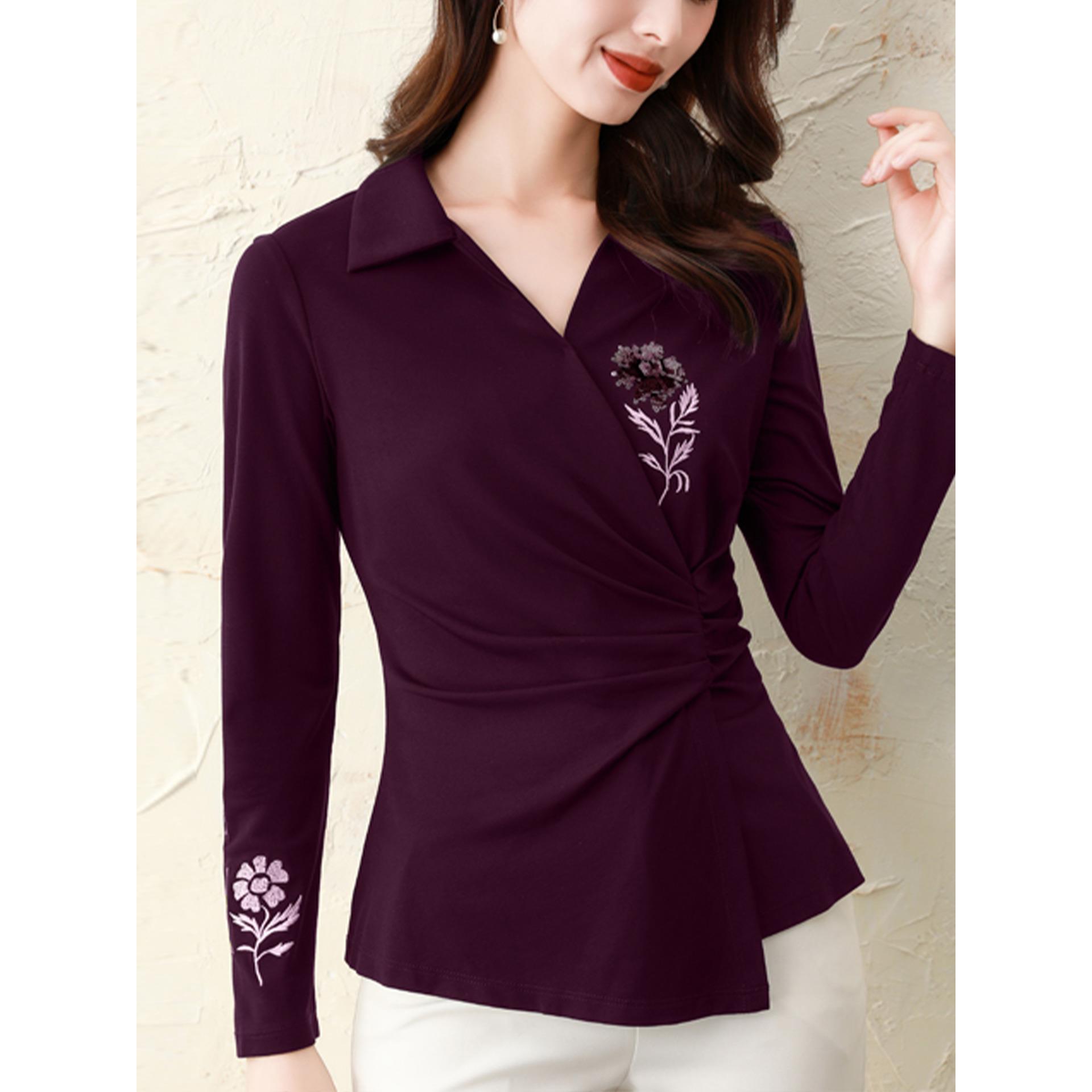 ROUMIKL时尚刺绣V领长袖衬衫女士秋装气质收腰显瘦打底衫洋气不规