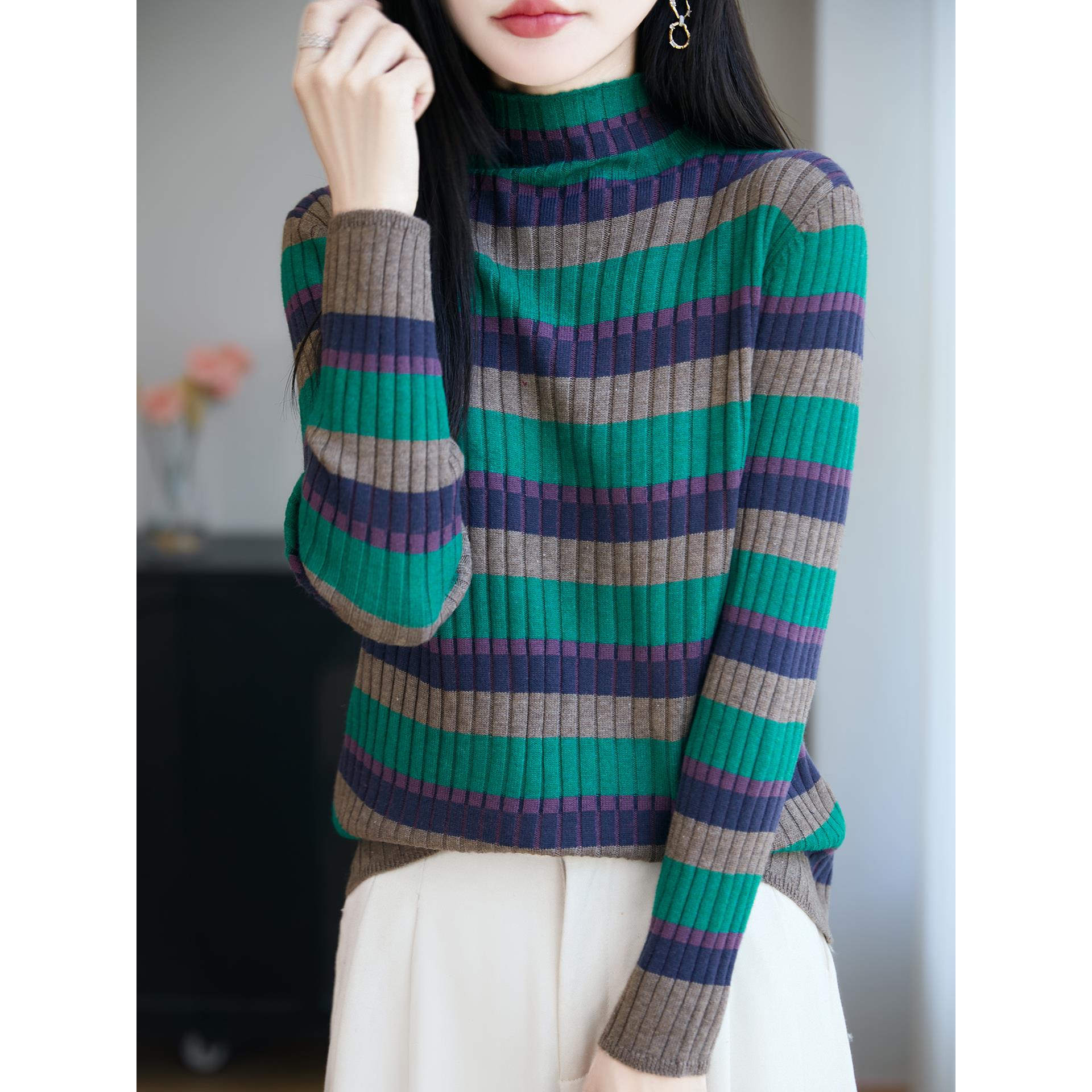 ROUMIKL韩系彩虹条纹半高领套头毛衣打底衫女配大衣内搭秋冬精彷