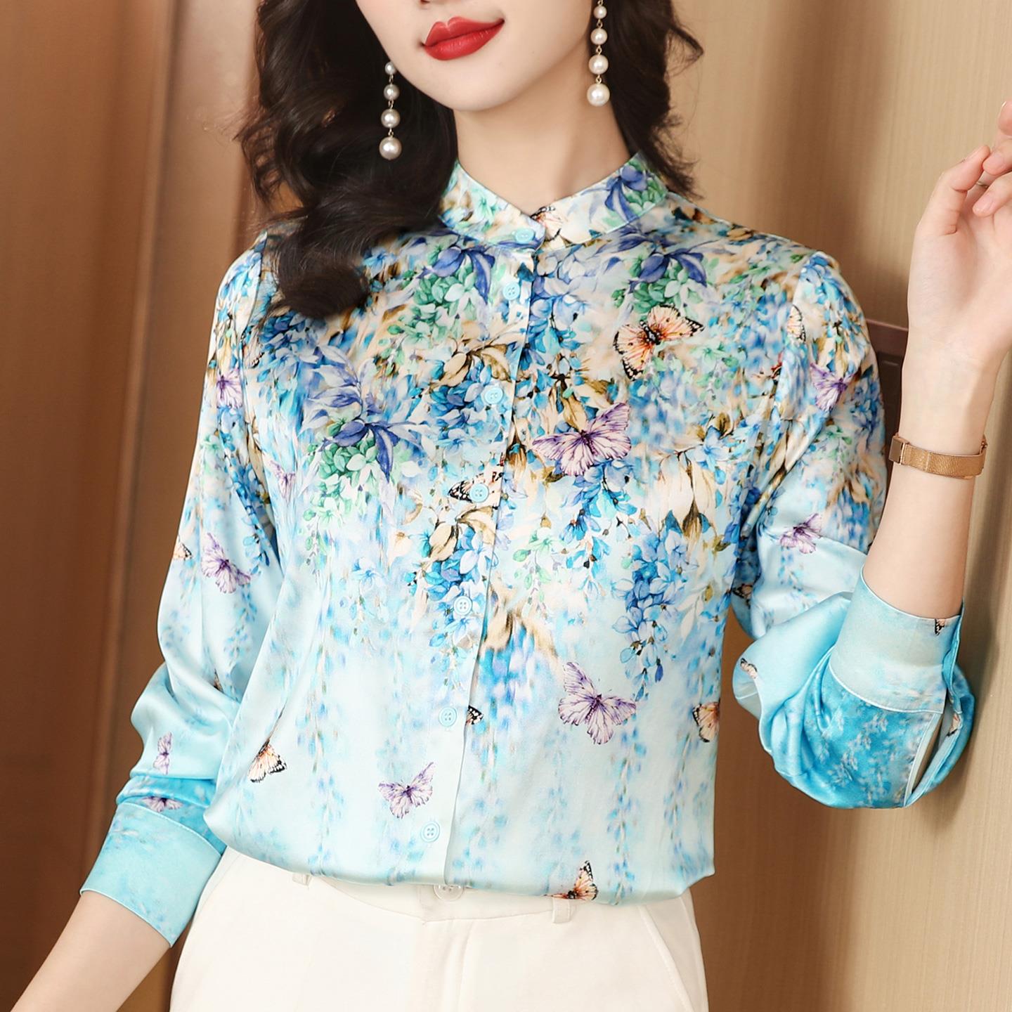 ROUMIKL设计感小众时尚印花长袖衬衫女秋装气质立领衬衣洋气妈妈