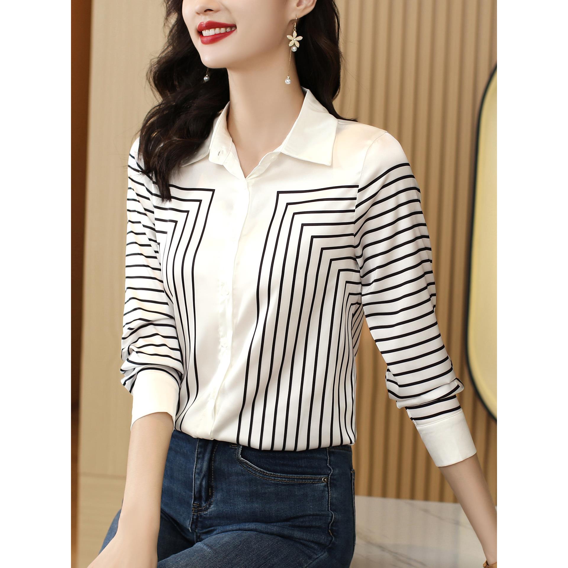 ROUMIKL设计感时尚条纹长袖衬衫女秋装新款气质衬衣别致洋气减龄