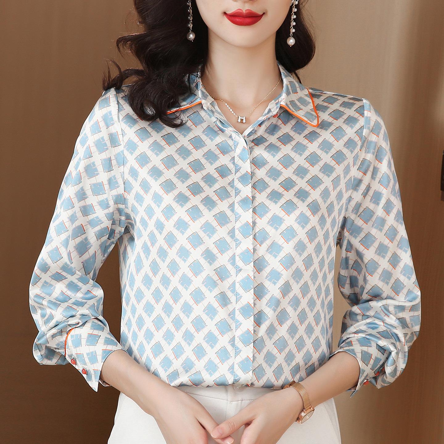 ROUMIKL高级感时尚格纹印花长袖衬衫女秋装气质衬衣百搭休闲洋气