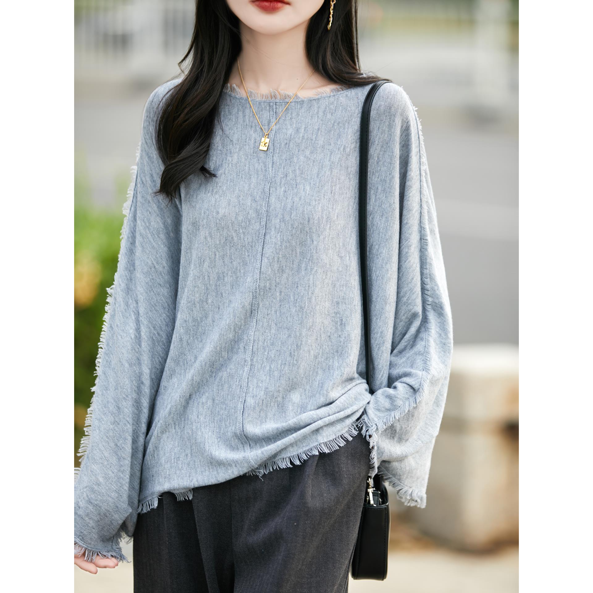 ROUMIKL韩系流苏毛边针织衫女2025新款宽松慵懒篇幅袖时髦洋气外