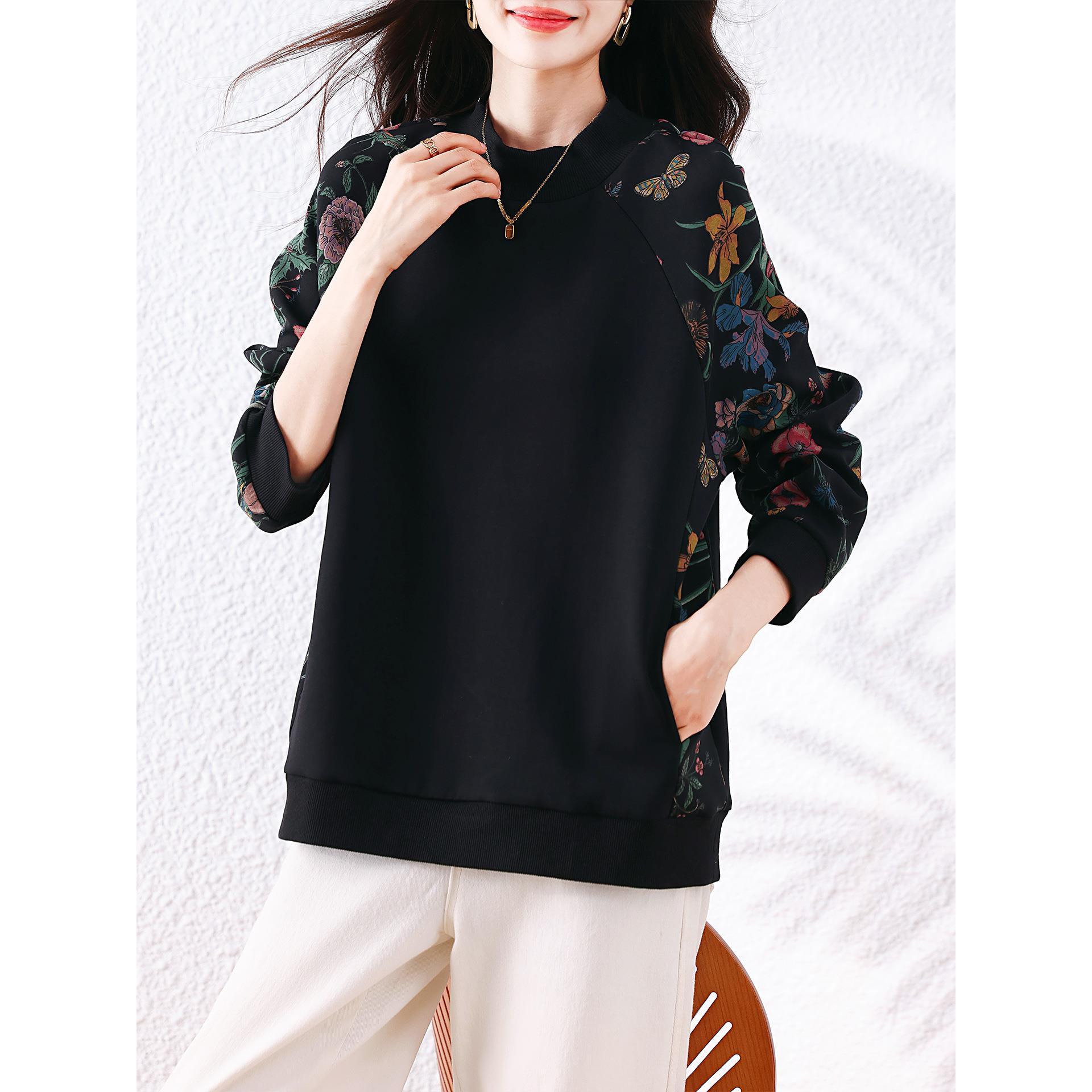 ROUMIKL国风碎花套头卫衣女士秋冬加厚大码气质显瘦打底内搭洋气