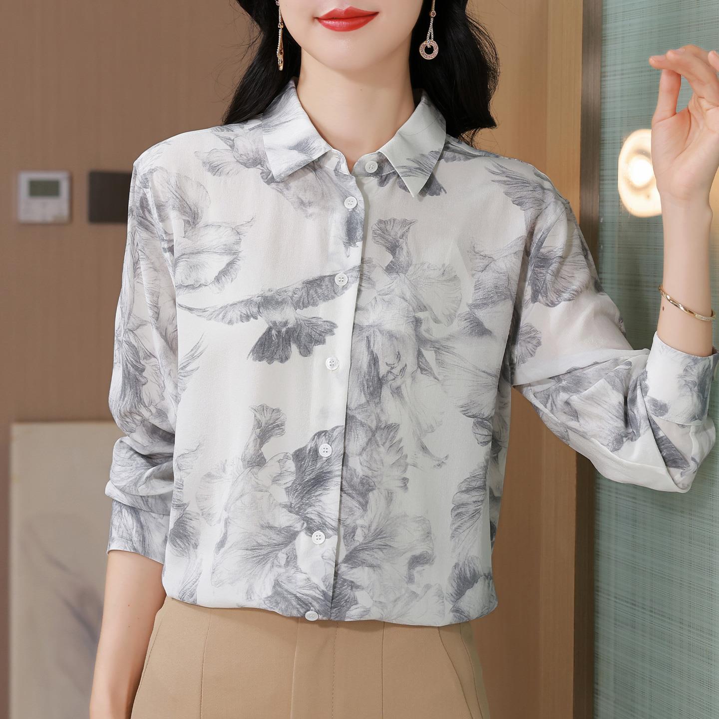 ROUMIKL时尚水墨印花长袖雪纺衬衫女士春秋气质休闲衬衣宽松洋气