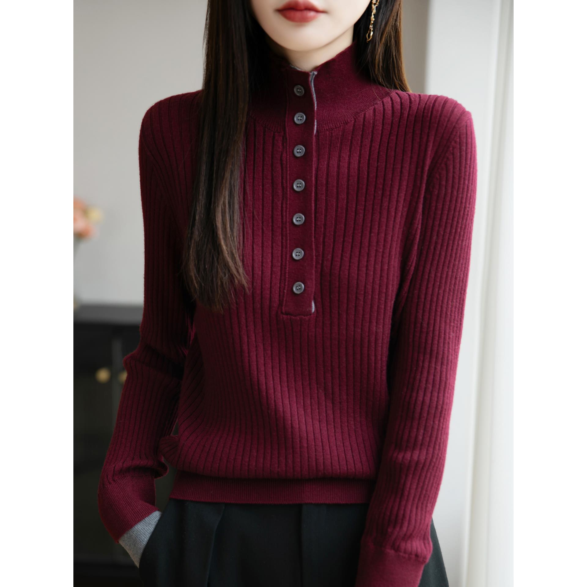 ROUMIKL2025新款保暖毛衫法式撞色假两件针织打底衫女半开领套头