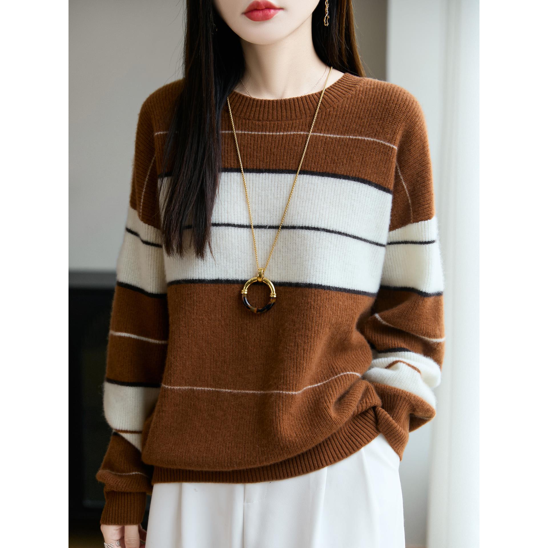 ROUMIKL重磅条纹圆领100纯衫女秋冬25新款慵懒宽松加厚毛衣打底衫