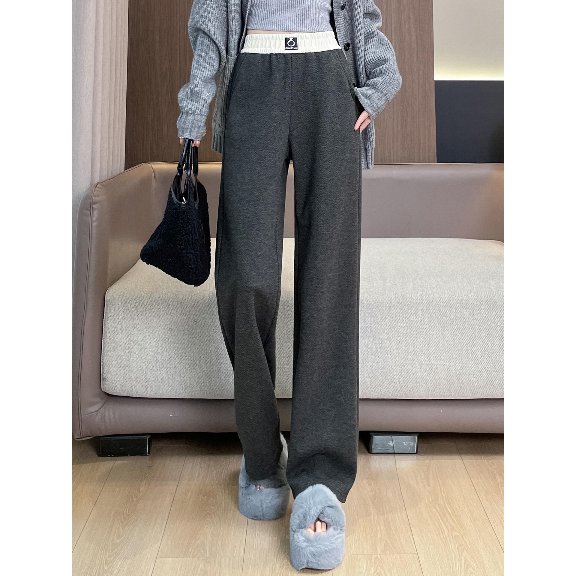 ROUMIKL时尚高端阔腿裤女裤秋冬高腰显瘦休闲裤百搭宽松直筒长裤