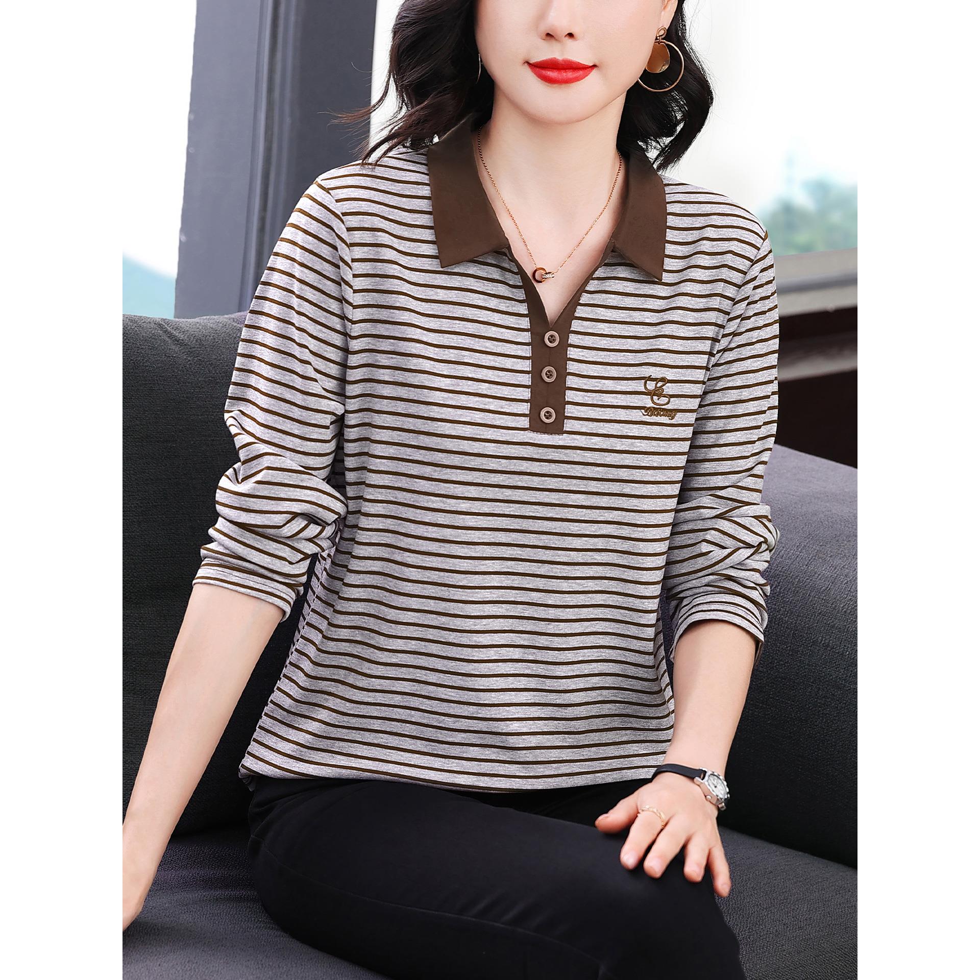 ROUMIKL时尚撞色条纹翻领长袖T恤女秋装百搭显瘦打底衫宽松洋气妈