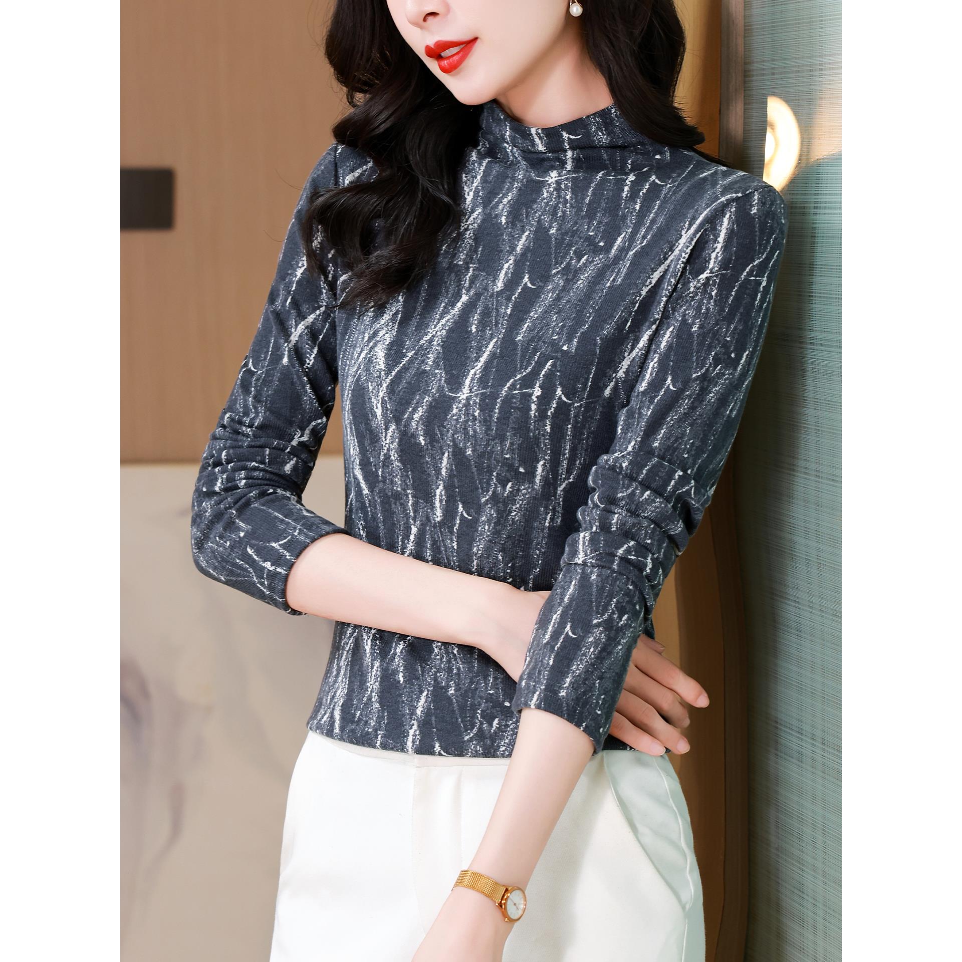 ROUMIKL时尚印花半高领长袖打底衫女士秋冬修身内搭T恤百搭显瘦洋