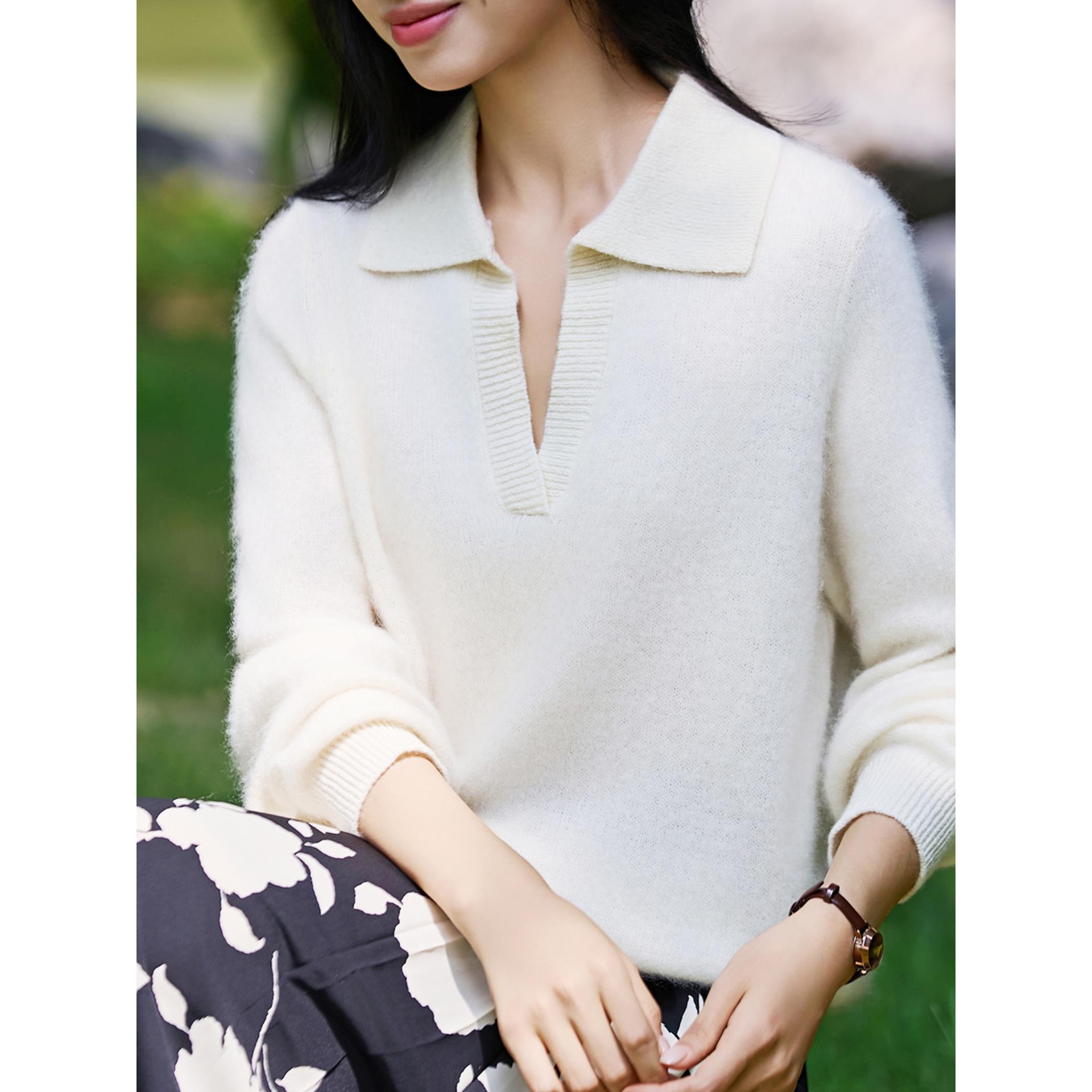 ROUMIKL巴恩风POLO领拉毛针织衫女2025新宽松套头翻领法式毛衣穿