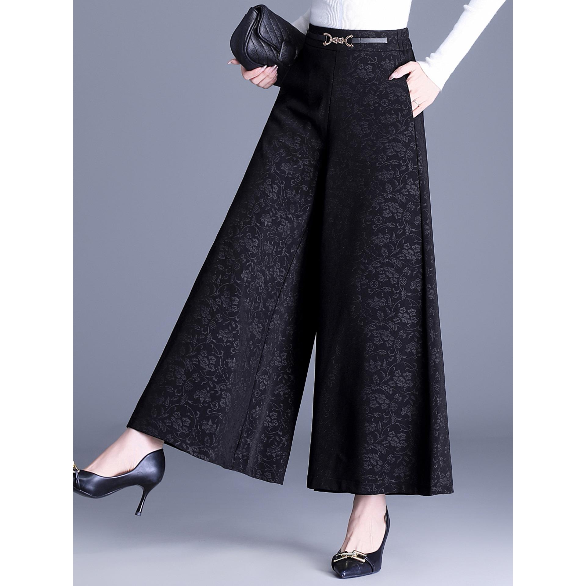 ROUMIKL时尚高端提花阔腿裤女士秋冬加厚休闲长裤高腰显瘦洋气妈