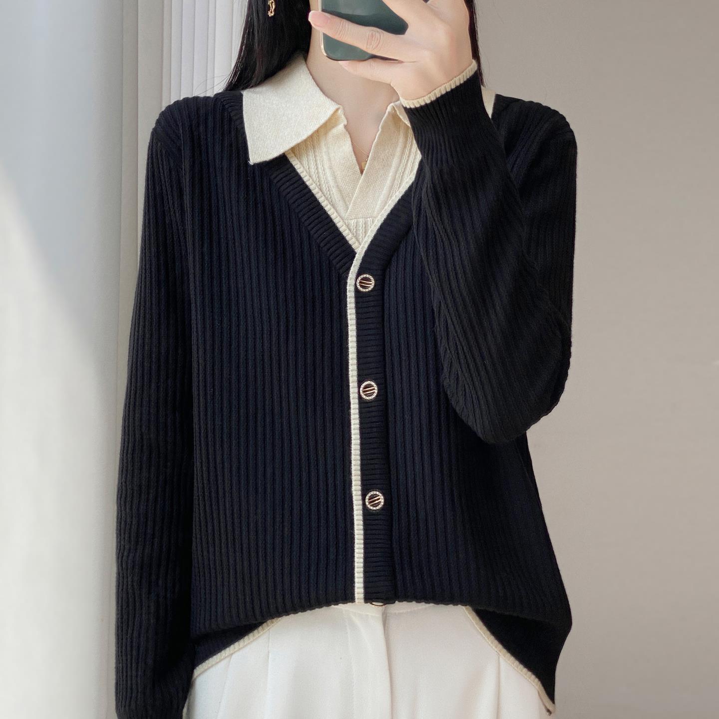 ROUMIKL法式撞色POLO领假两件针织打底衫女2025秋冬新款拼色翻领