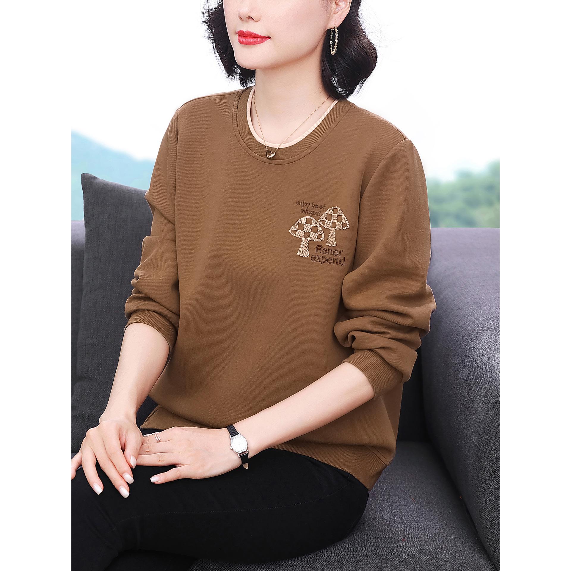 ROUMIKL时尚刺绣圆领套头长袖卫衣女士秋冬百搭宽松休闲洋气妈妈