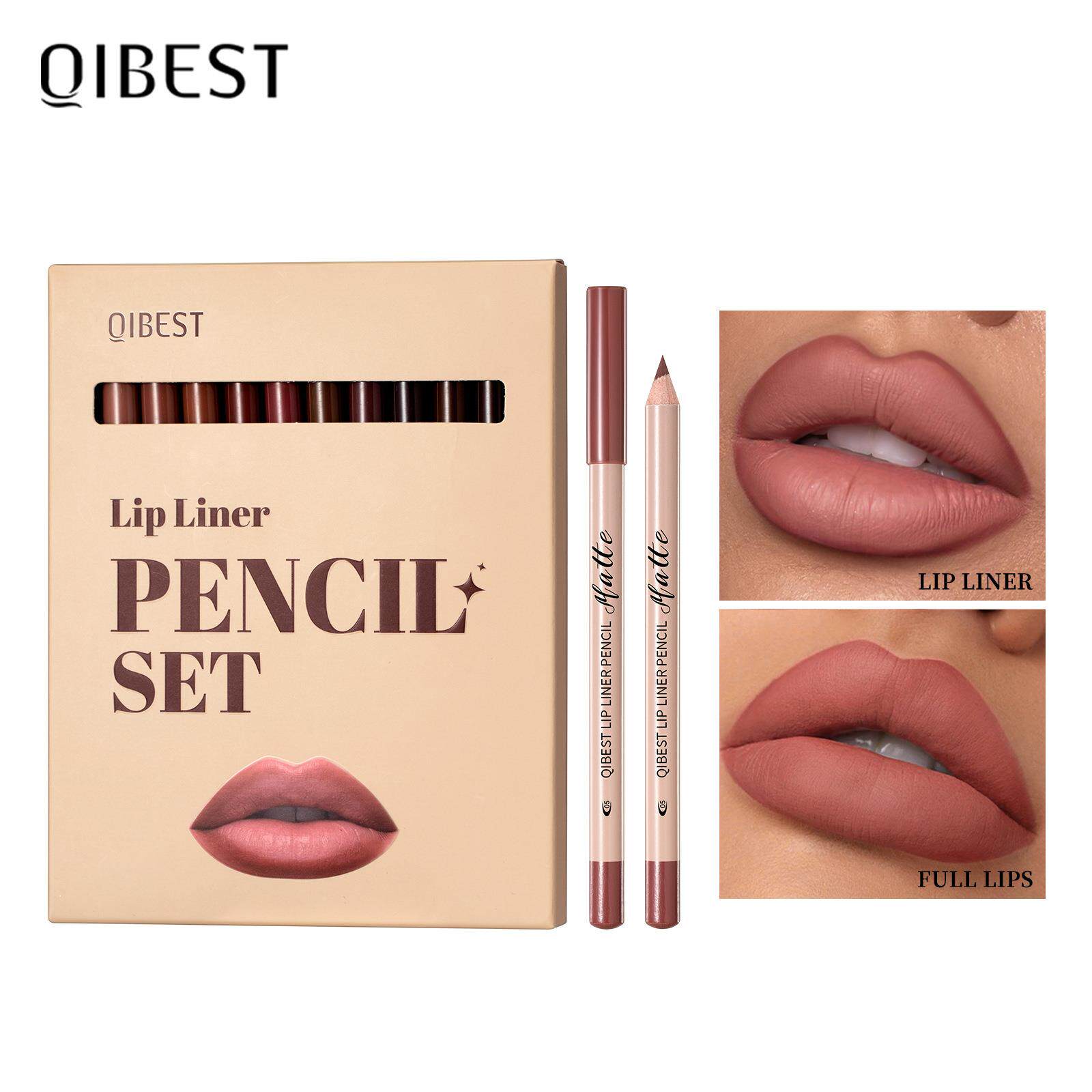 QIBEST欧美跨境12色原木哑光口红唇线笔套装裸色持久不脱色彩妆