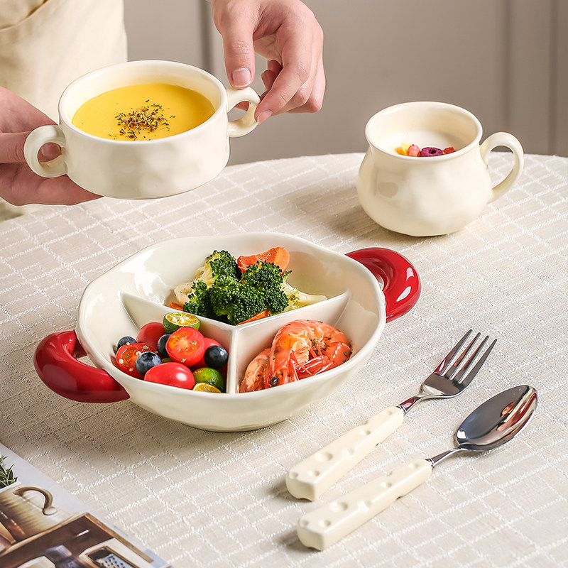 分隔蒸盘陶瓷陶瓷双耳分格餐盘大人减肥减脂专用月子餐具早餐盘定