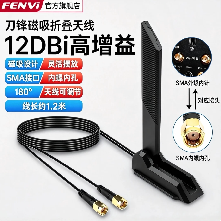FENVi 台式机电脑主板wifi天线信号增强三频延长线磁吸高增益接收器2.4G/5G/6G无线网卡路由器12DBi折叠天线