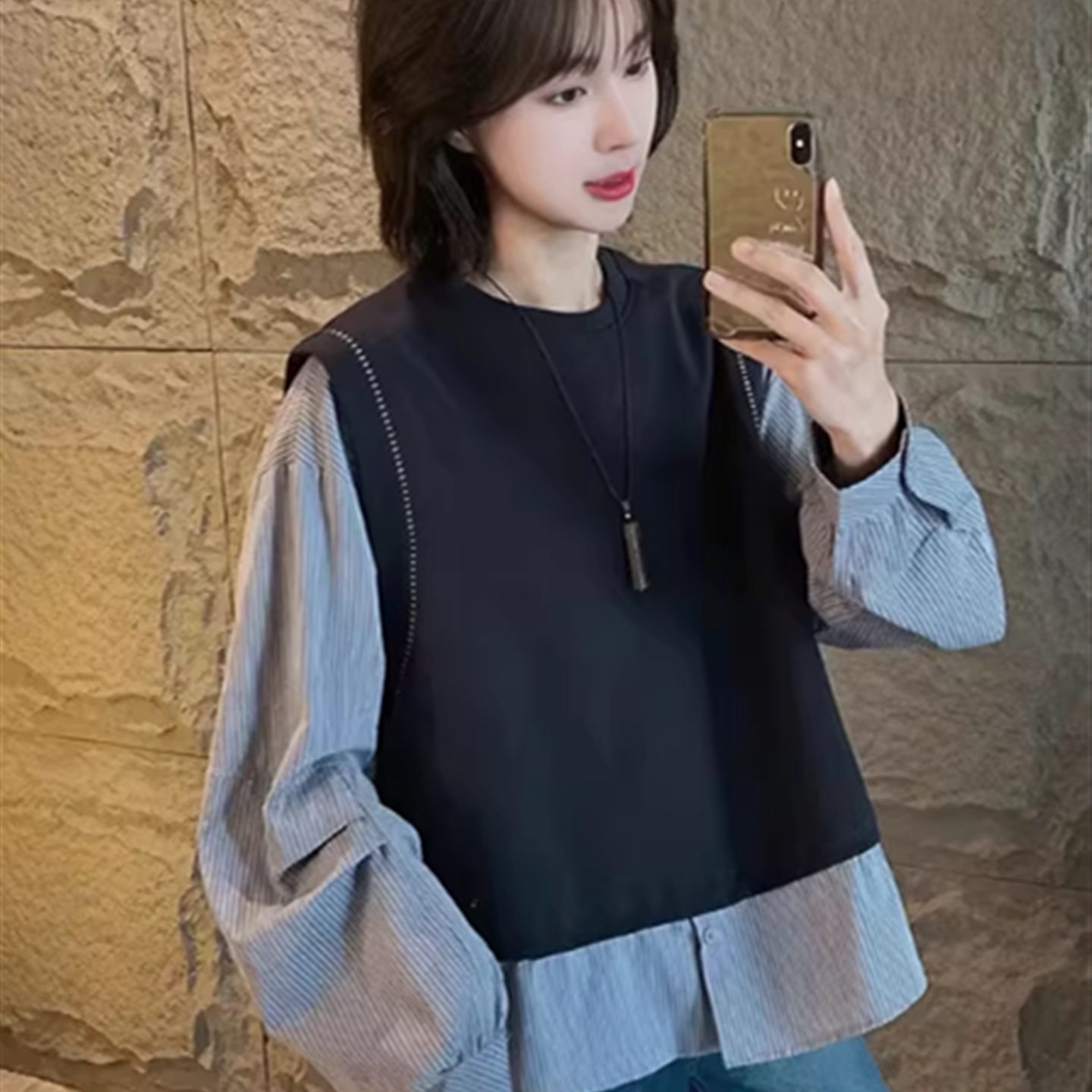 日系CherryKoko韩系假两件拼接条纹长袖衬衫女2026春秋新款设计