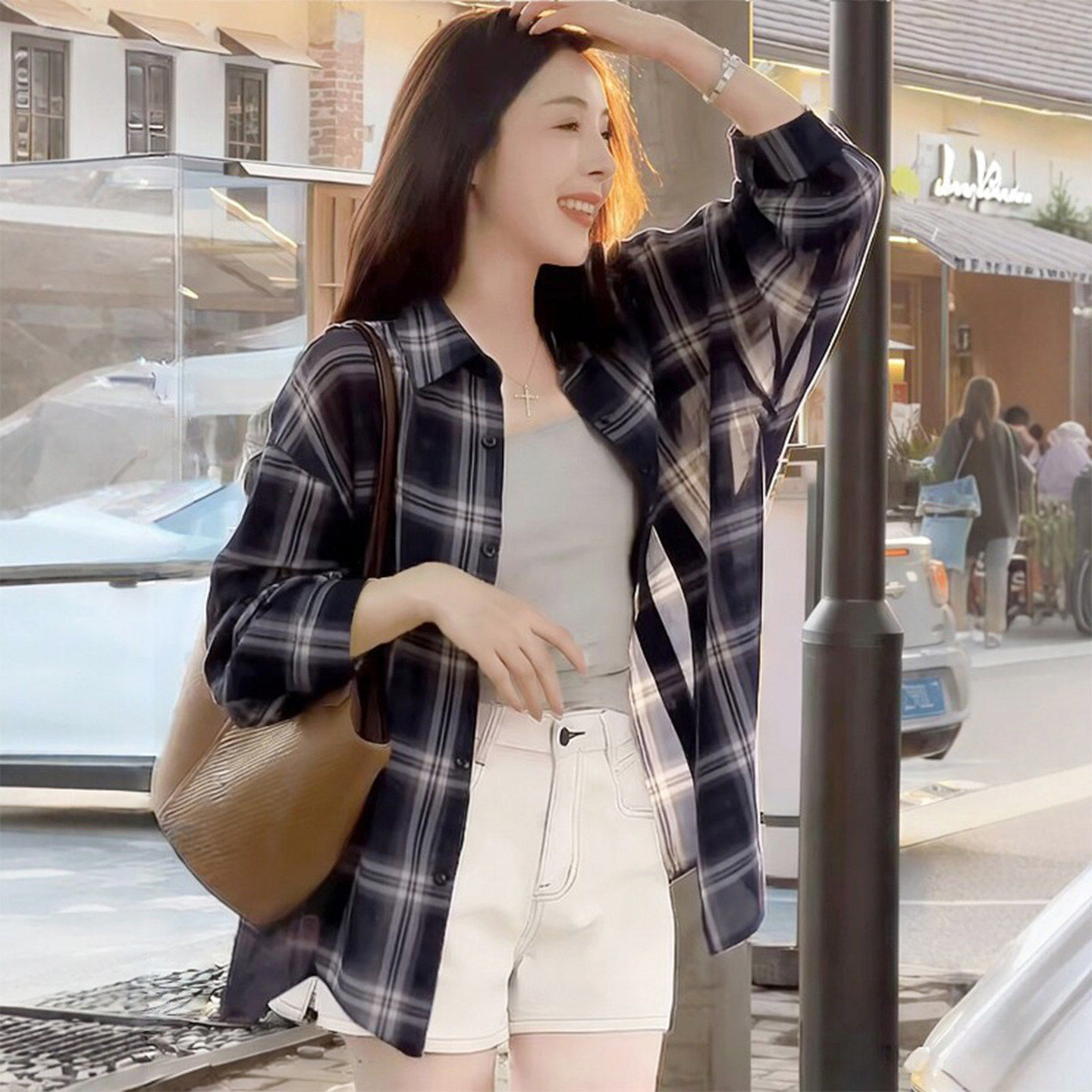 日系CherryKoko蓝色格子冰丝防晒衬衫女款2026夏季新款薄款宽松