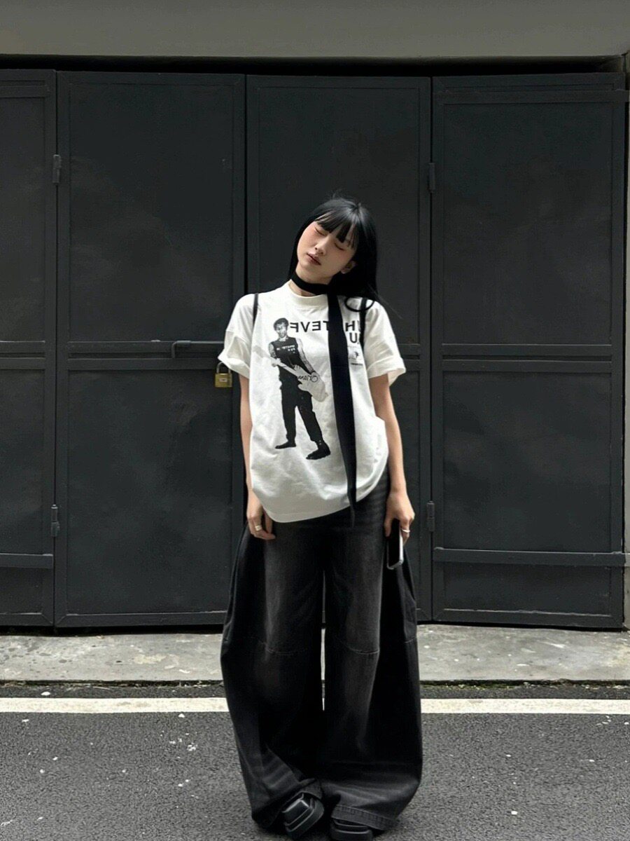 美式复古吉他手印花纯棉短袖T恤男夏季高街圆领oversize情侣上衣