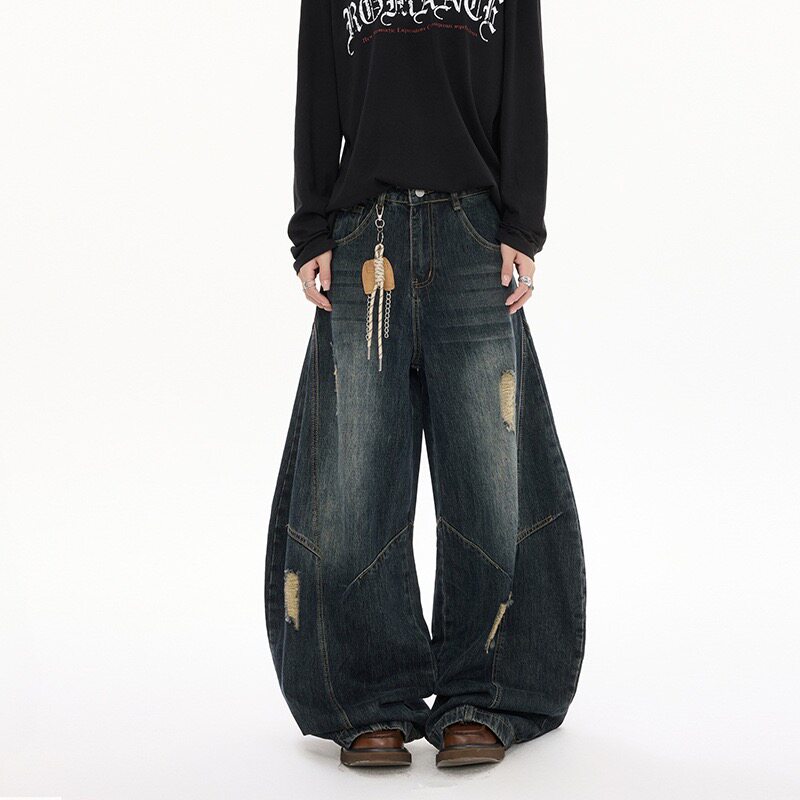 美式黑灰破洞弯刀牛仔裤男女款2026夏季新款高街宽松阔腿裤拖地裤