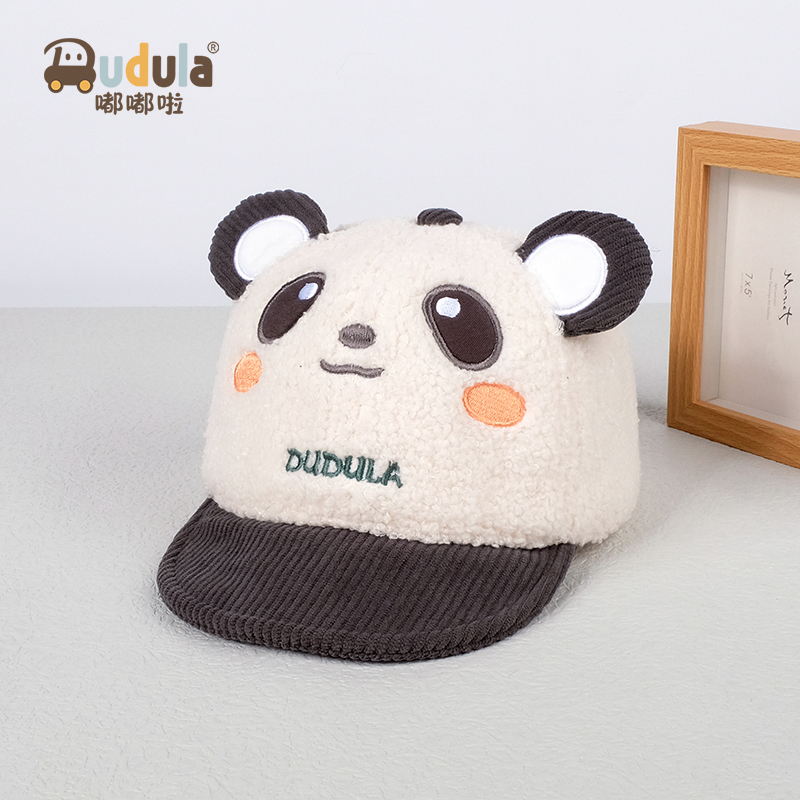 嘟嘟啦卡通熊猫鸭舌帽秋冬毛绒帽子保暖男女宝宝防寒婴幼儿童帽子