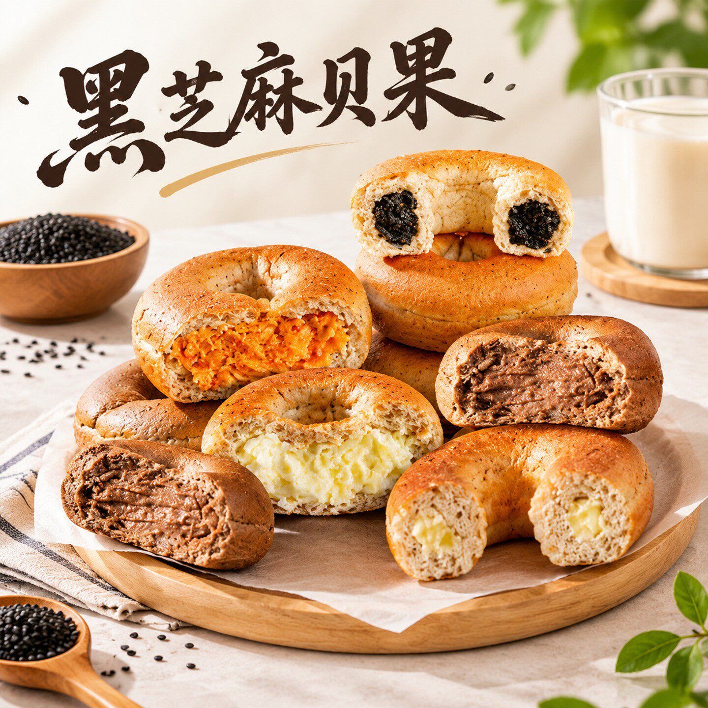 贝果夹心面包黑芝麻海盐肉松奶酪