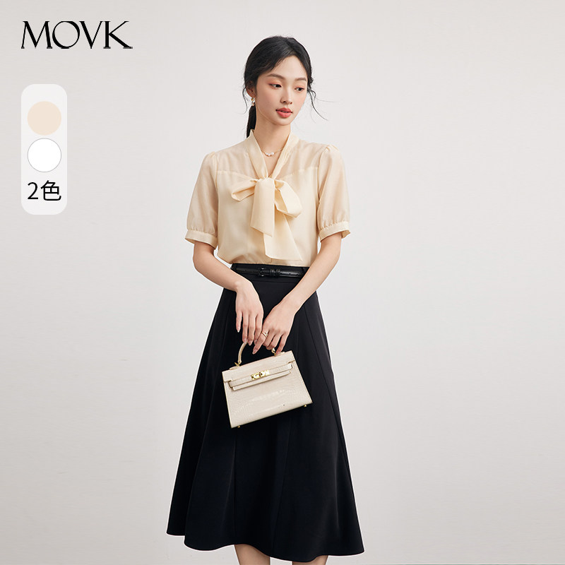 movk香槟色短袖飘带衬衫女夏季法式温柔高级感小个子通勤衬衣上衣