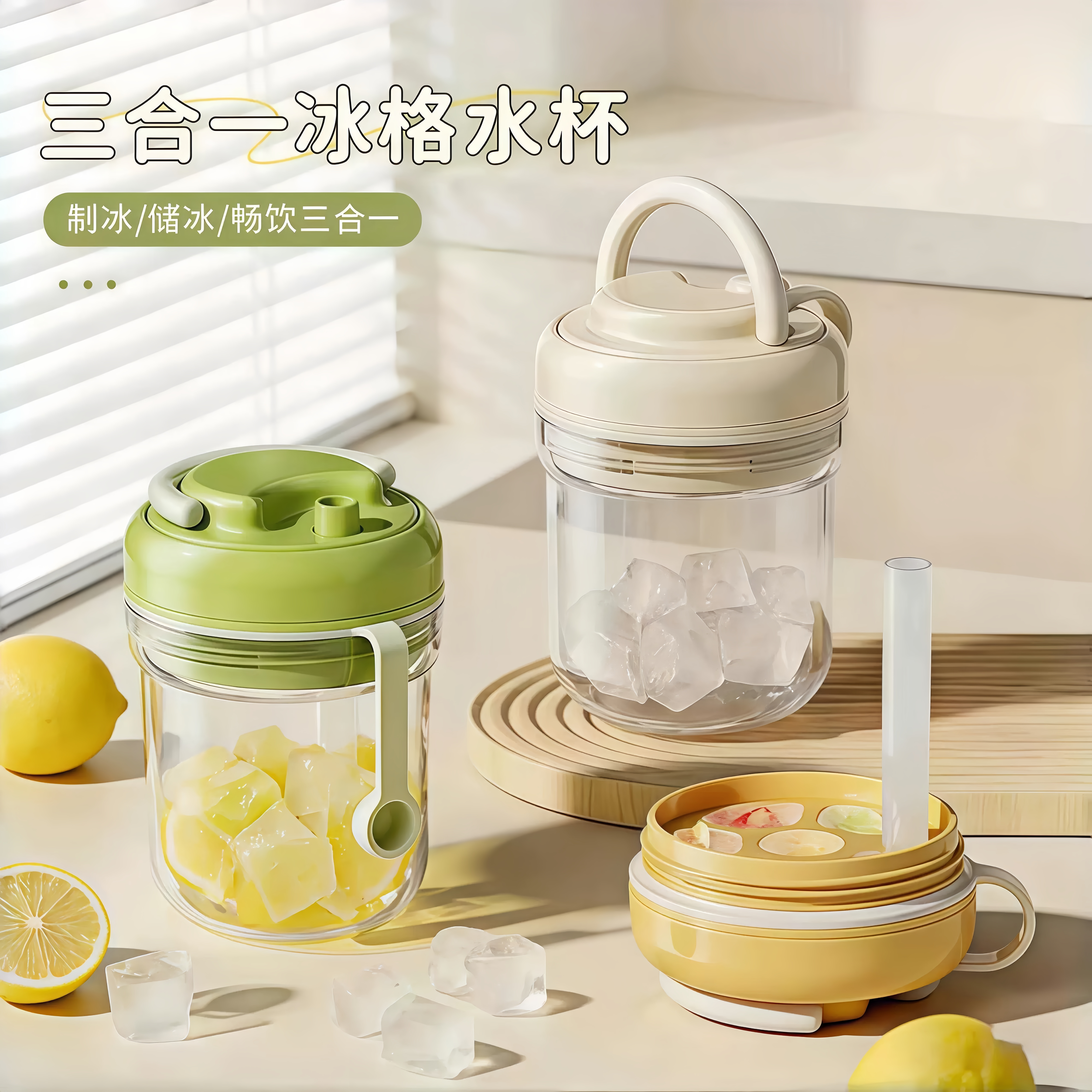 原创跨境夏日冰格冰杯三合一便携上班族随行杯提手冷饮杯冰箱冰格