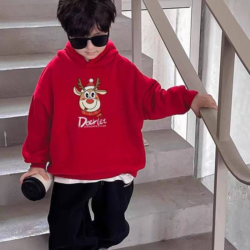 男童红色连帽卫衣儿童秋冬加绒加厚保暖内搭上衣宝宝时尚休闲长袖