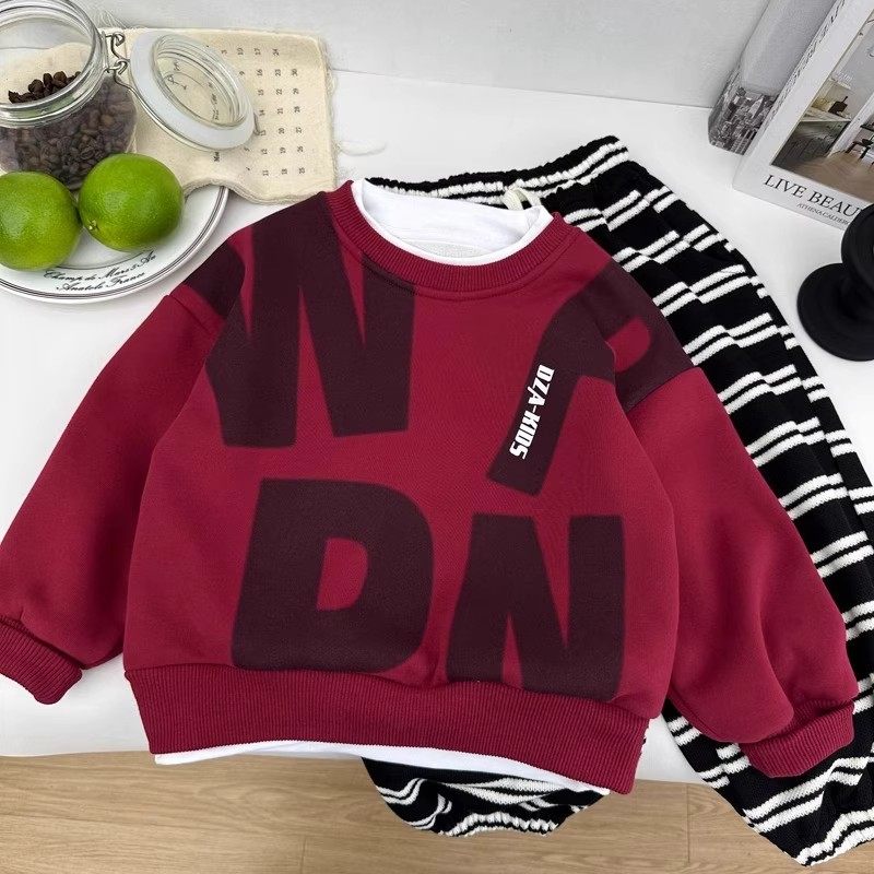 韩版男童加绒卫衣宝宝冬季新款加厚套头衫红色保暖时尚百搭上衣